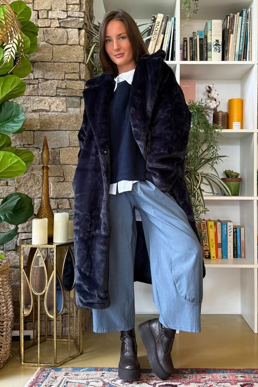 Mara Luxury Faux Fur Long Coat Navy